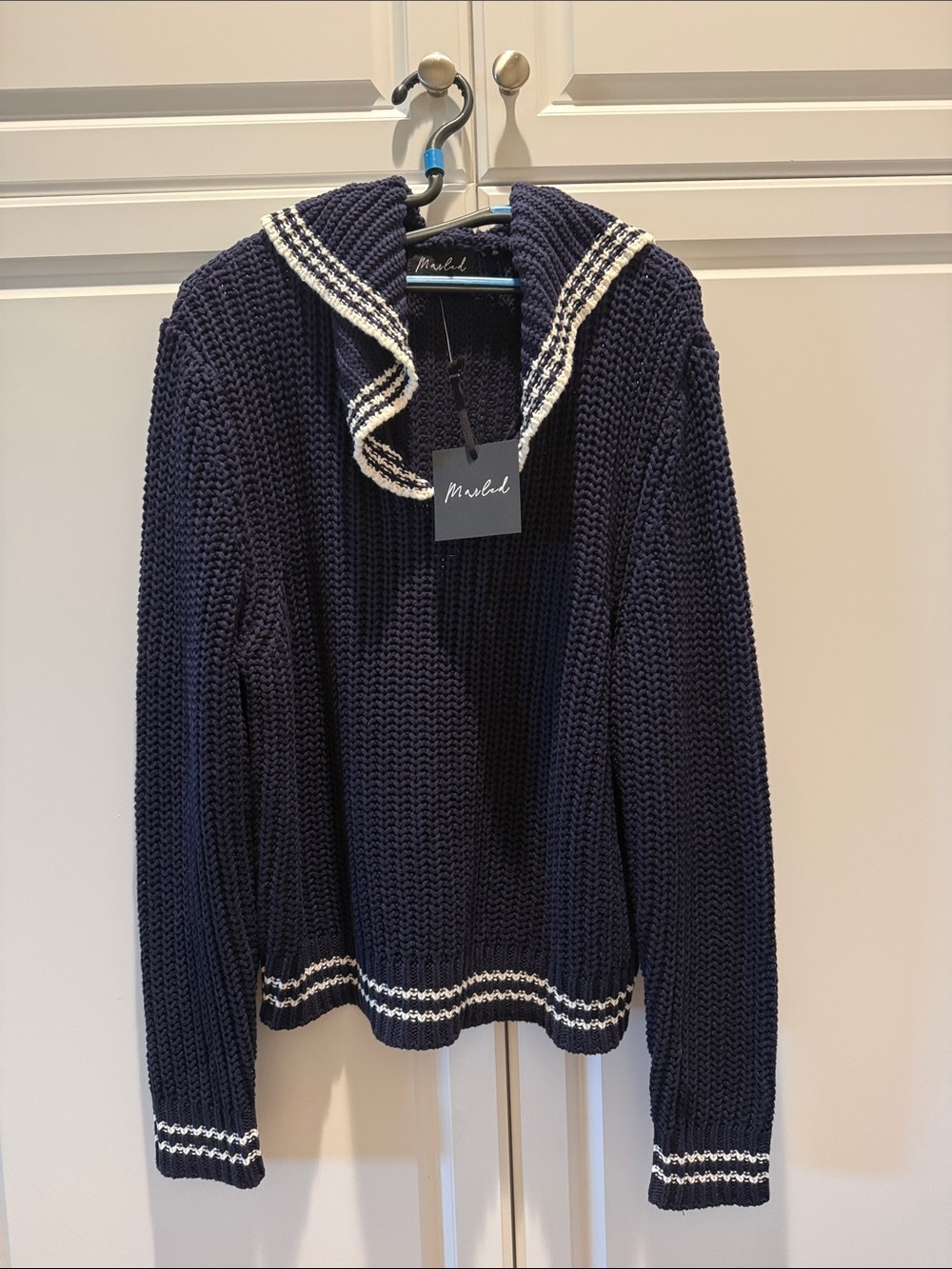 Marled Navy Cowl Sweater with White Trim